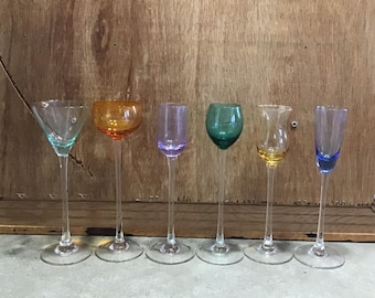 Vtg Multi Colored Cordial Glasses, Long Stemmed Liqueur Glasses in Varying Shapes & Colours - Sold Separately