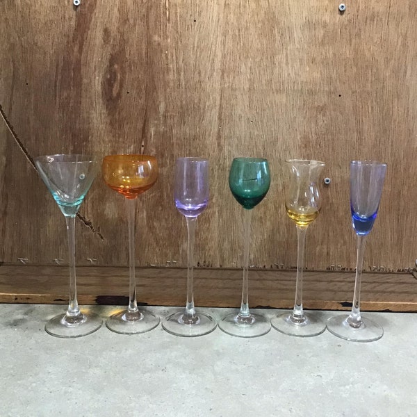 Vtg Multi Colored Cordial Glasses, Long Stemmed Liqueur Glasses in Varying Shapes & Colours - Sold Separately