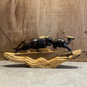 Vintage Old Wooden Hand Carved Lion Hunting Statue, Two Tone Wood, Collectible