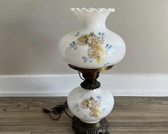 Vintage Floral Milk Glass Hurricane Lamp - GWTW Style Accent Light