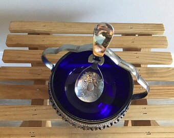 Sucrier en verre bleu cobalt vintage sucrier en verre et métal