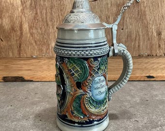 Vintage German Beer Stein – Zöller & Born Relief Mug with Pewter Lid