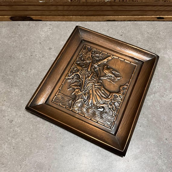 Vintage Copper Embossed Wall Hanging Art Plaque Bird Albert Gilles