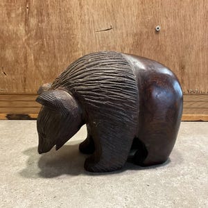 Carved Wood Bear Figurine, Vintage Ironwood Hand Carved Dark Wood Bear Statue
