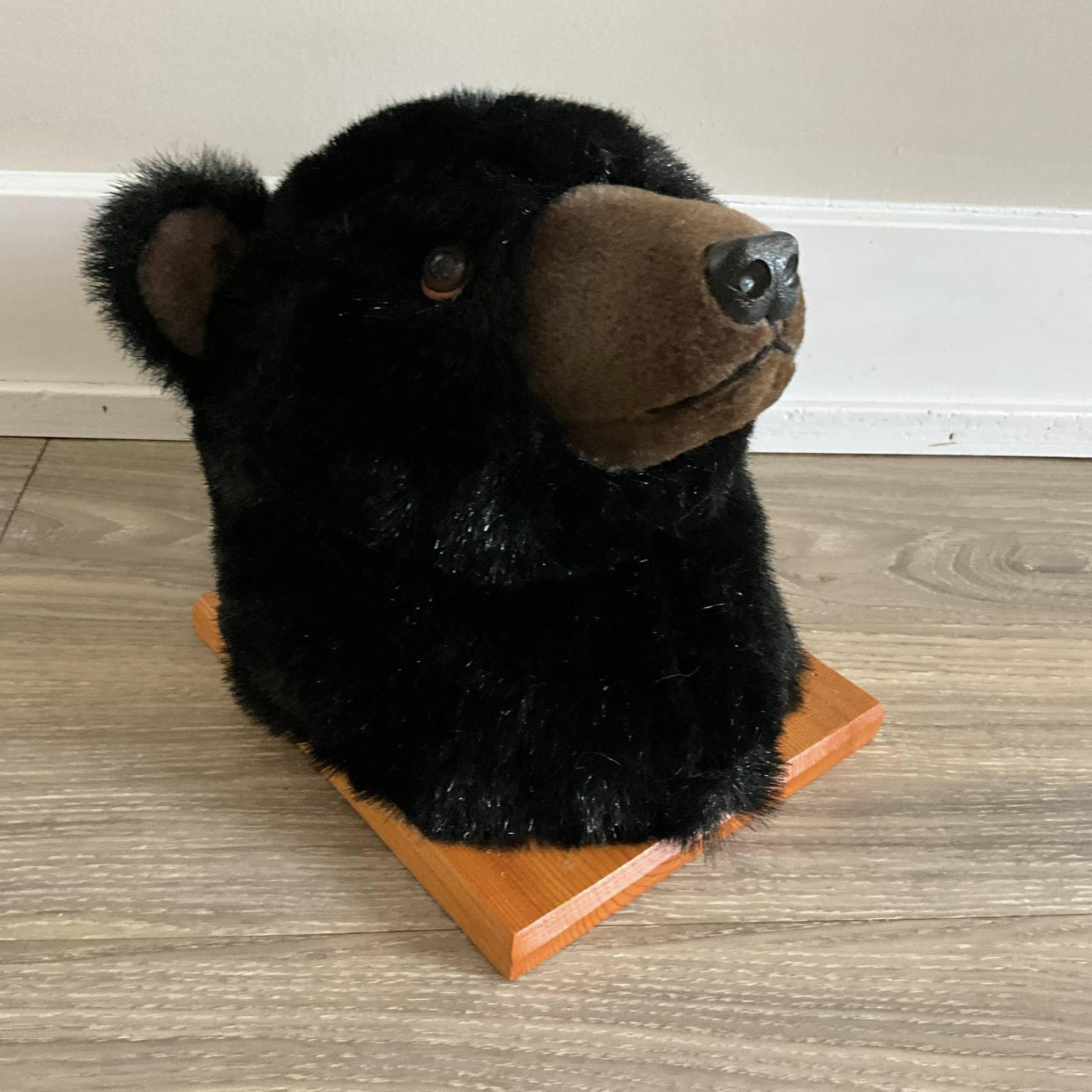 Plush Bear Head Wall Decor With Wood Base Wild Animal - Wall Mount