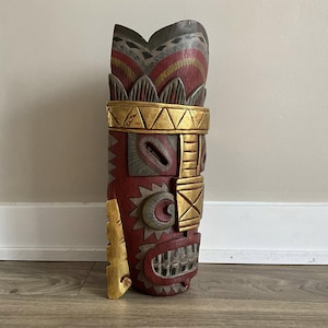 Tribal hanging wall decor, Wood mask in the shape of the ceremonial masks used in traditional Indonesian dances, Hand carved; hand painted