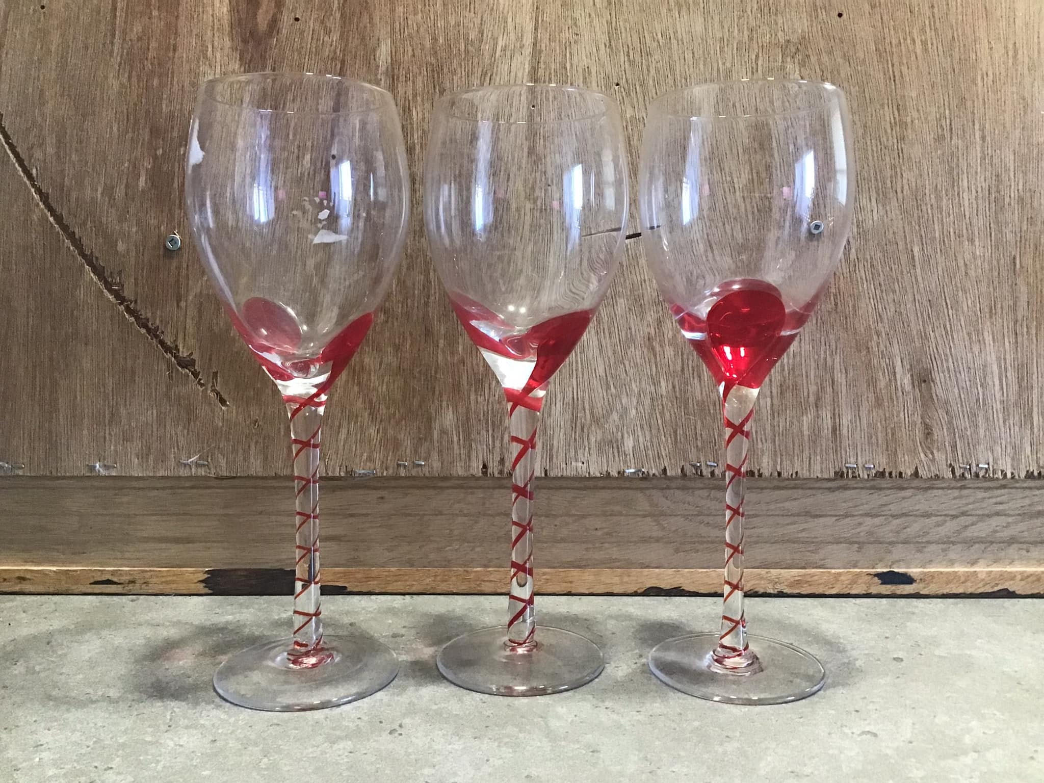 Hand Blown Wine Glasses - Red Swirl Stems, Optical Drops - Set of 3 - Etsy