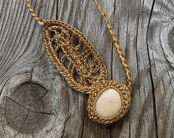 Gold Leaf - Necklace - Crocheted Stones - River Stones - Stone Jewellery - Textile Jewellery