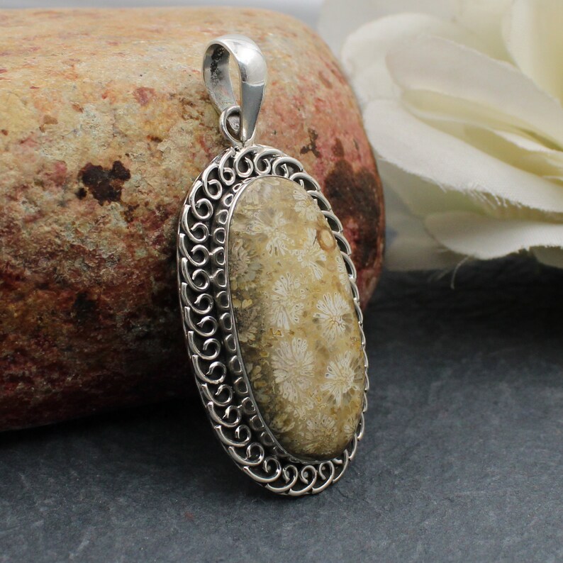 Gift for friend New Designer 925 Sterling Silver Fossil Agate pendant-Handmade Silver Pendant Oval Shape
