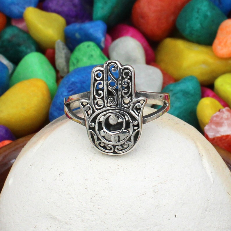 Sterling Silver Hand of Fatima Ring Hand of God Good Luck Filigree Hamsa Ring Dainty Midi Ring Gift for Mom Hamsa Ring