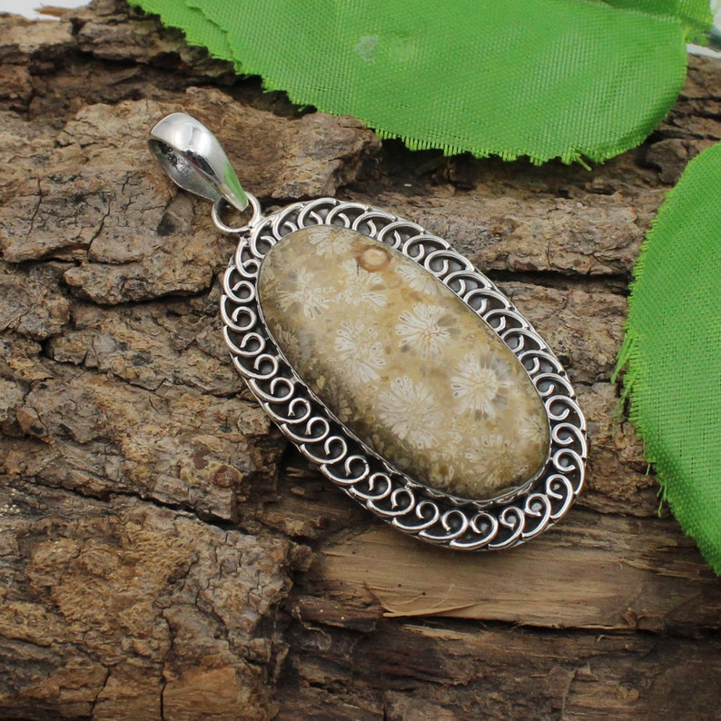Gift for friend New Designer 925 Sterling Silver Fossil Agate pendant-Handmade Silver Pendant Oval Shape