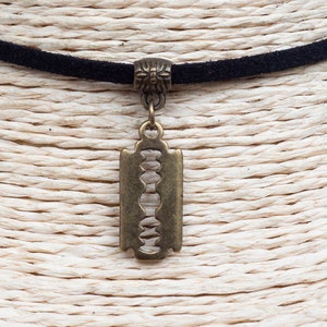 Razor Necklace  Cord Choker  Bronze Pendant Necklace  Razor Blade Necklace  Vegan Grunge Choker  Unisex Jewelry  Christmas Gift