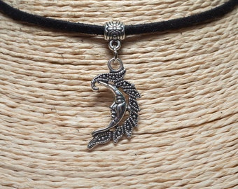 Crescent Moon Pendant Necklace - Boho Cord Choker, Unisex Jewelry