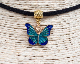 Butterfly Necklace  Blue Enamel Pendant  Vegan Choker  Pendant Necklace  Simple Choker  Black Suede Necklace  Unisex Jewelry