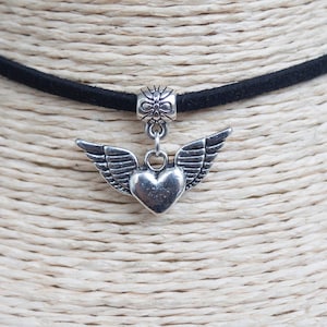 Heart with Wings Necklace   Winged Heart Pendant  Cord Choker  Vegan Necklace  Angel Wings Choker  Black Suede Necklace  Unisex Necklace