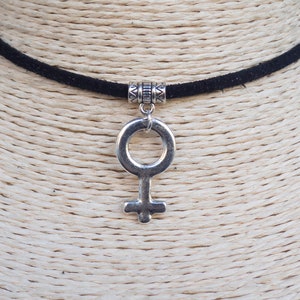 Female Sign Necklace  Gender Symbol  Feminist Choker  Pride Choker  Pendant Necklace  Simple Choker  Black Suede Necklace  Gift for Her