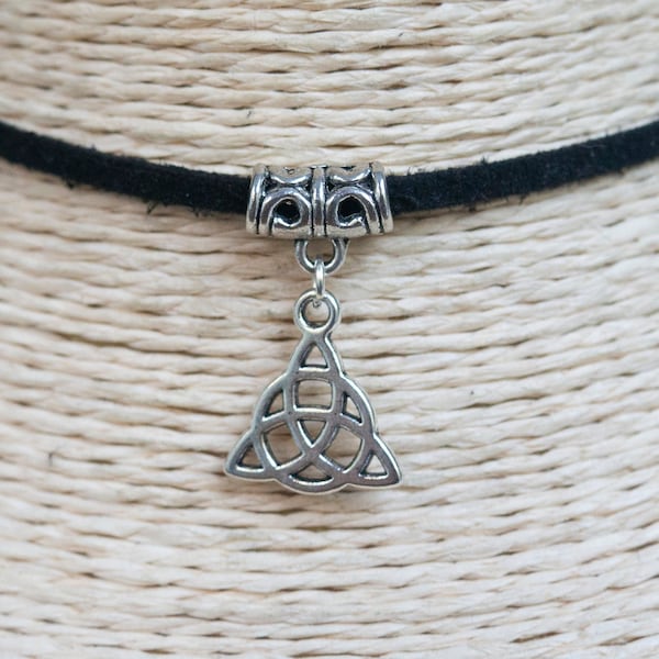 Celtic Knot Necklace  Triquetra Necklace  Cord Choker  Vegan Choker  Pendant Necklace  Boho Choker  Black Suede Necklace  Unisex Jewelry