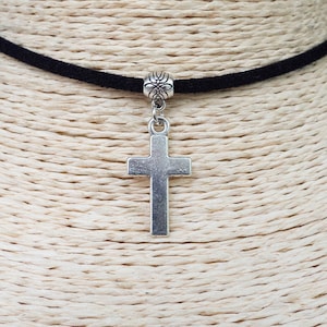 Cross Necklace  Pendant Choker  Cord Necklace   Religious Jewelry  Christian Necklace  Black Suede Necklace  Unisex Necklace  Christmas Gift