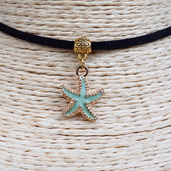 Starfish Necklace  Cord Choker  Beach Necklace  Enamel Pendant Necklace  Vegan Grunge Choker  Dainty Choker  Unisex Jewelry