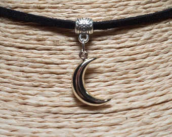 Crescent Moon Choker, Black Cord Pendant Necklace