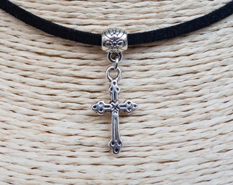 Cross Necklace  Pendant Choker  Cord Necklace   Religious Jewelry  Christian Necklace  Black Suede Necklace  Unisex Necklace