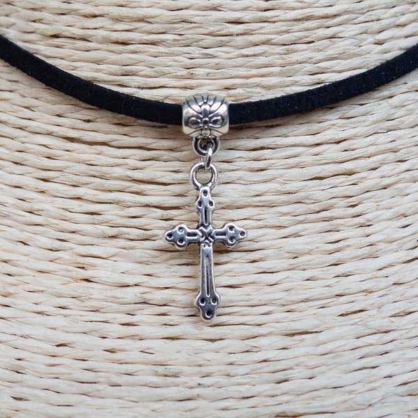 Cross Necklace  Pendant Choker  Cord Necklace   Religious Jewelry  Christian Necklace  Black Suede Necklace  Unisex Necklace