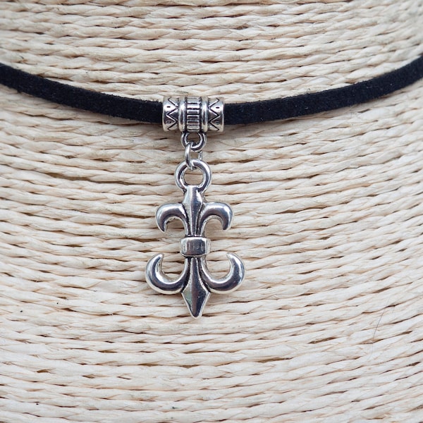 Fleur de  Lis Necklace  Cord Choker  Pendant Necklace  Fleur-de-Lis Choker  Minimalist Necklace  Medieval Symbol  Black Suede Necklace