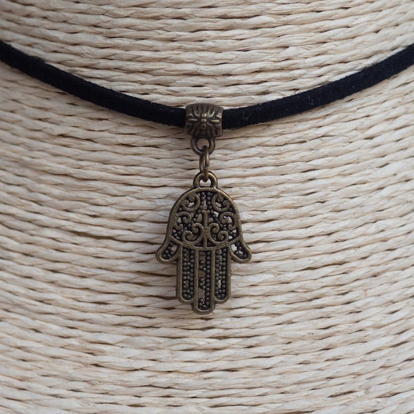 Hamsa Necklace  Choker  Choker Necklace  Hamsa Hand Choker  Cord Choker  Protection Necklace  Black Suede Necklace  Gift for Her