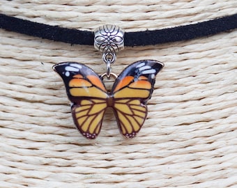 Butterfly Necklace  Enamel Pendant  Vegan Choker  Pendant Necklace  Simple Choker  Black Suede Necklace  Gift for Her
