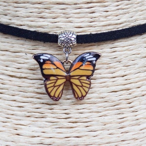 Butterfly Necklace  Enamel Pendant  Vegan Choker  Pendant Necklace  Simple Choker  Black Suede Necklace  Gift for Her