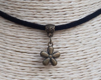Boho Flower Charm Choker, Black Suede Cord Necklace