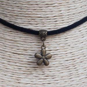 Flower Charm Necklace  Cord Choker  Charm Necklace  Flower Choker  Boho Choker  Black Suede Necklace  Gift for Her