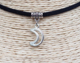 Crescent Moon Choker, Black Suede Cord Boho Necklace