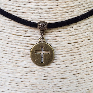 Cross Choker  Cross Necklace  Choker  Charm Necklace  Cord Choker  Boho Choker  Black Suede Necklace  Gift for Her