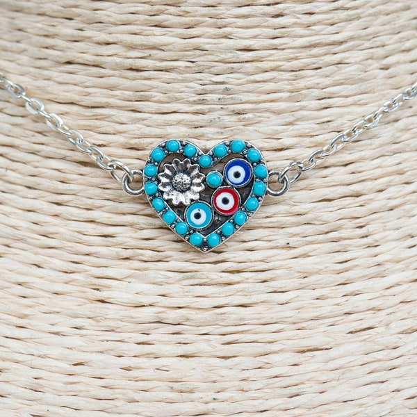 Heart Evil Eye Necklace  Chain Choker  Kabbalah Necklace  Enamel Pendant Choker  Protection Jewelry  Minimalist Necklace  Unisex Jewelry