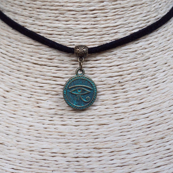 Eye of Horus Necklace  Choker  Charm Necklace  Cord Choker  Boho Choker  Black Suede Necklace  Gift for Her