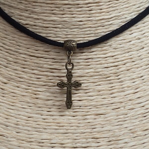 Cross Necklace  Bronze Pendant Choker  Cord Necklace  Minimalist Jewelry  Religious Choker  Unisex Jewelry  Christmas Gift