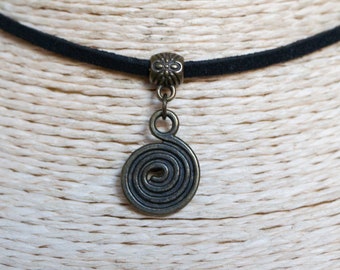 Spiral Pendant Necklace, Faux Suede Choker, Ethnic Unisex Jewelry