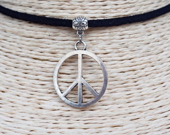 Peace Sign Choker  Cord Choker  Peace Sign Necklace  Pendant Necklace  Boho Choker  Hippie Necklace  Black Suede Necklace  Unisex Jewelry