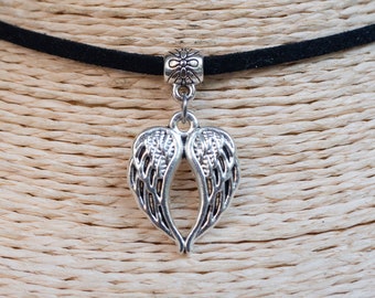 Angel Wings Necklace  Cord Choker  Heart Pendant Necklace  Everyday Choker  Protection Necklace  Guardian Angel Wing  Unisex Jewelry