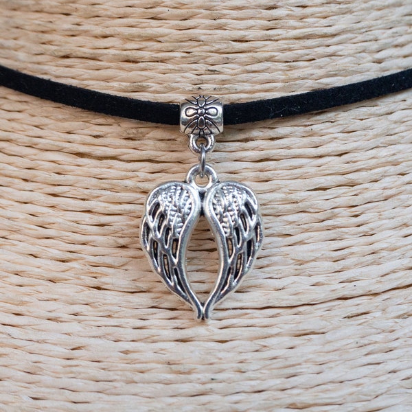 Angel Wings Necklace  Cord Choker  Heart Pendant Necklace  Everyday Choker  Protection Necklace  Guardian Angel Wing  Unisex Jewelry