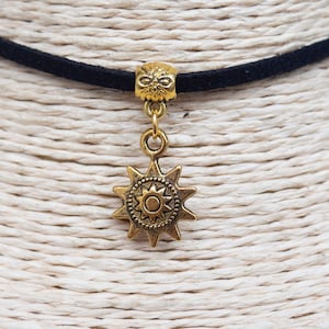 Sun Necklace  Cord Choker  Pendant Necklace  Gold Sun Necklace  Boho Choker  Black Suede Necklace  Unisex Jewelry