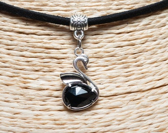 Black Swan Necklace  Cord Choker  Pendant Necklace  Bird Pendant  Glass Choker  Dainty Jewelry  Unisex Necklace  Christmas Gift