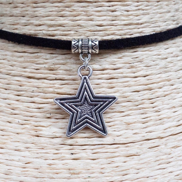 Star Necklace  Cord Choker  Pendant Necklace  Silver Star Necklace  Boho Choker  Star Jewelry  Black Suede Necklace  Unisex Jewelry