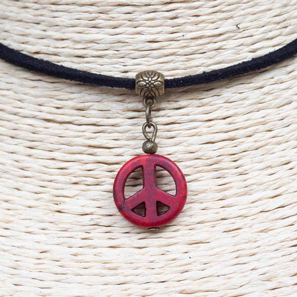 Peace Sign Necklace  Cord Choker  Peace Sign Choker Magnesite Pendant  Hippie Necklace  Black Suede Necklace  Unisex Jewelry