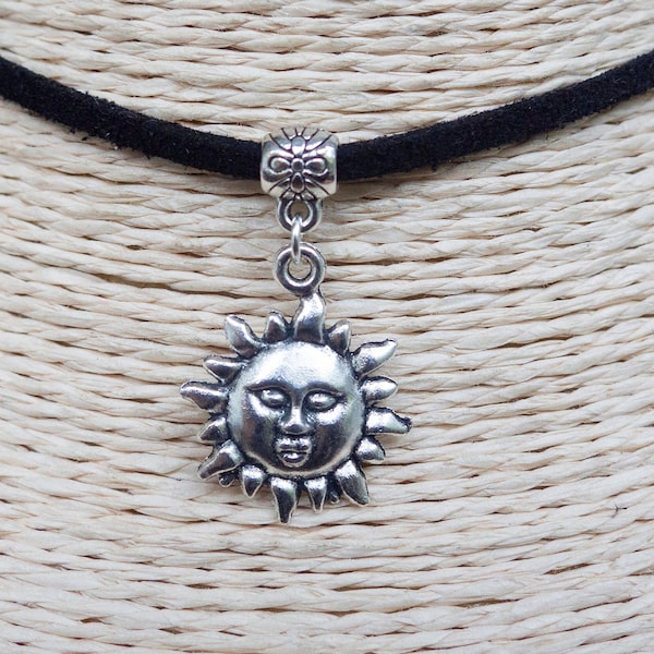 Sun Necklace  Cord Choker  Pendant Necklace  Celestial Necklace  Boho Choker  Black Suede Necklace  Unisex Jewelry