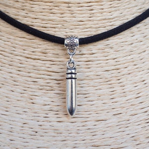 Bullet Necklace  Cord Choker  Rock Necklace  Tattoo Choker  Silver Bullet Necklace  Black Suede Necklace  Unisex Jewelry  Boyfriend Gift