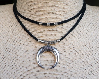 Double Horn Pendant Necklace, Black Suede Vegan Choker