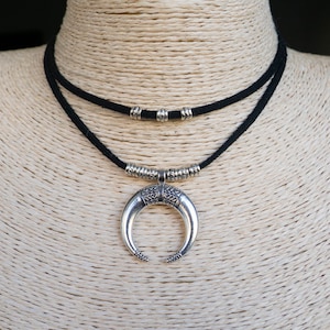 Double Horn Necklace  Layered Necklace  Moon Crescent Pendant  Vegan Choker  Pendant Necklace  Celestial Choker  Black Suede Necklace