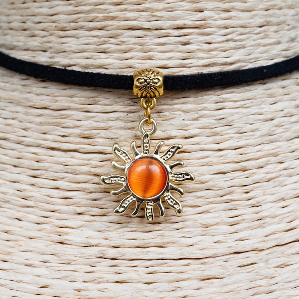 Sun Necklace  Cord Choker  Pendant Necklace  Gold Sun Necklace  Boho Choker  Cat Eye Pendant  Unisex Jewelry  Christmas Gift